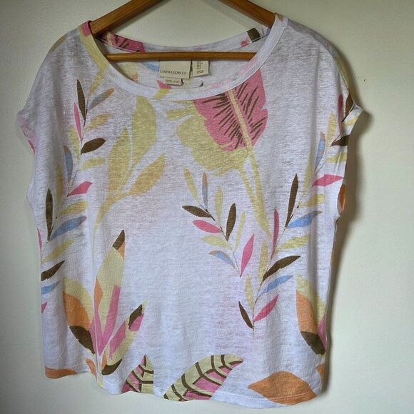 EUC CYNTHIA ROWLEY BOATNECK SUMMER PRINT LINEN TOP SIZE SMALL - Picture 2 of 13